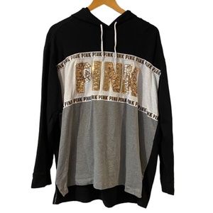 VS PINK Sweatshirt Large Black Gray White Gold Logo Sequin Bling Campus Hoodie